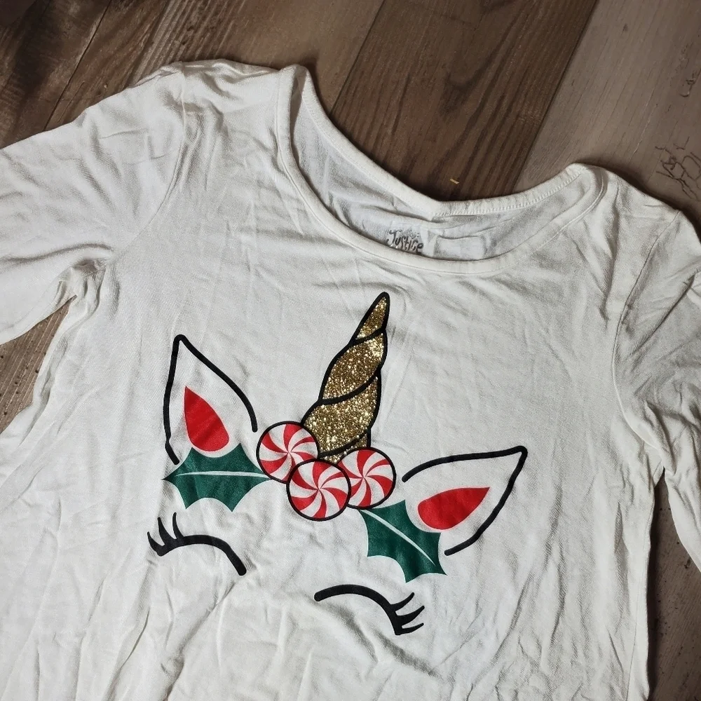 Justice Girls Christmas Holiday Unicorn Long Sleeve Tee Shirt Size 12 EUC